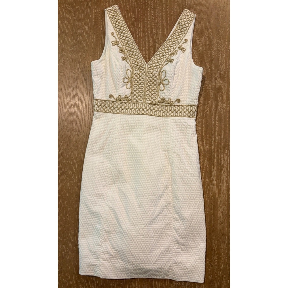 Lilly Pulitzer Aveline Resort White Gold Corded Lace‎ V-Neck Shift Dress 2